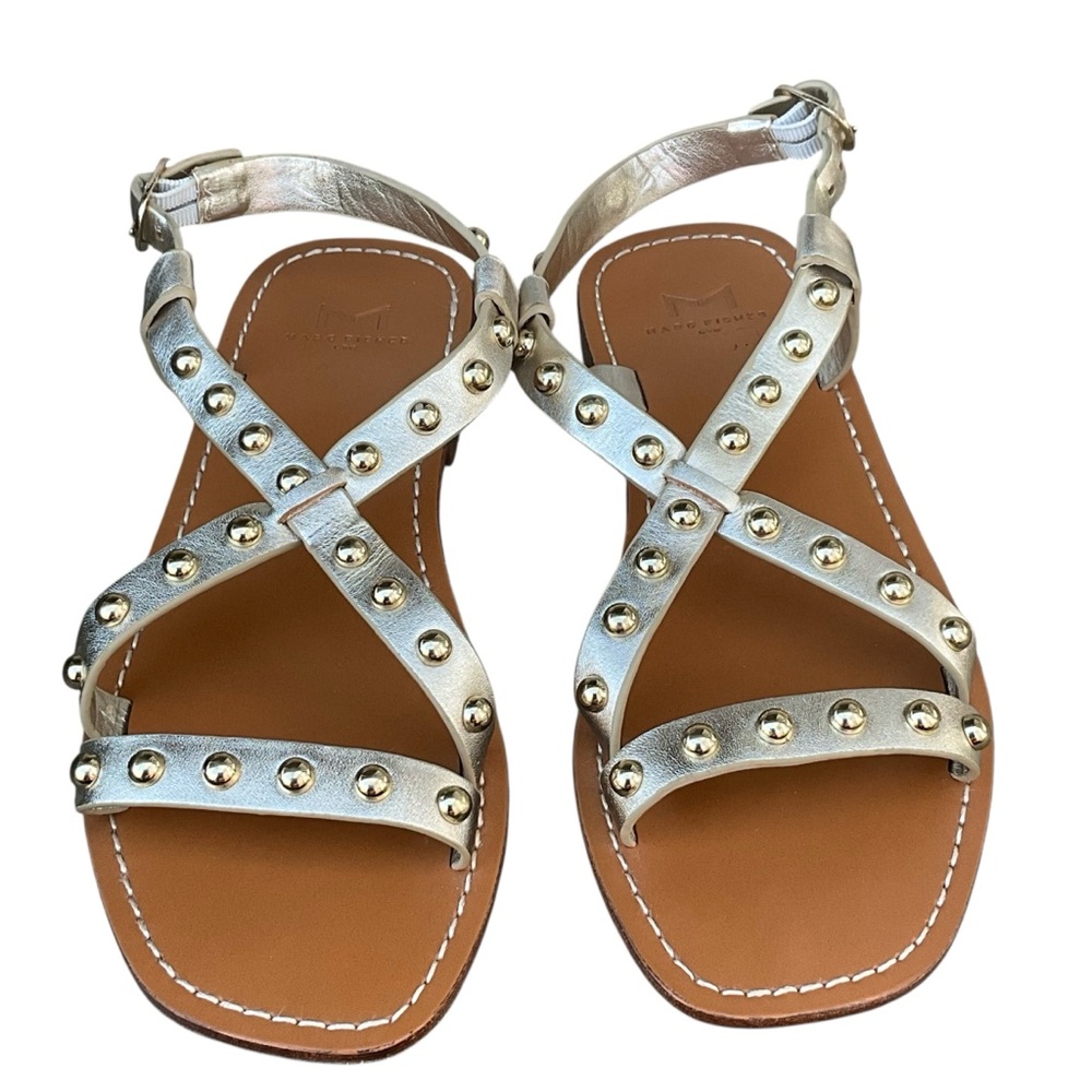Marc Fisher Studded Leather Sandals Metallic Fianna Gold Square Toe Buckle 7.5